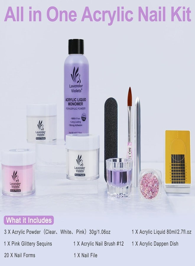 LAVENDER VIOLETS Acrylic Nail Kit - 30g x3 Clear, White, Pink Powder & 80ml Monomer Liquid Set with Carving Brush, Nail Forms, Foil Flakes N302 - Image 2